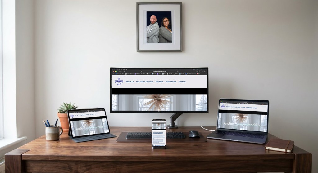 Custom Anchor Home Remodeling website design for a home remodeling business in Yulee, Florida, displayed across desktop, laptop, tablet, and mobile screens by Shuttering Moments Photography.