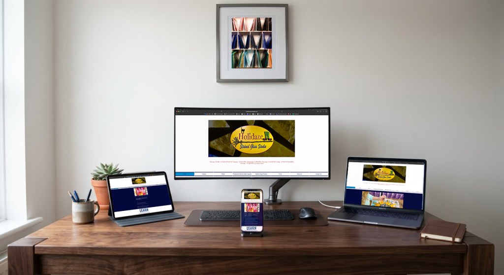 Custom website design for Holidaze Stained Glass in Chepachet, Glocester, Rhode Island, showcased across desktop, laptop, tablet, and mobile screens by Shuttering Moments Photography.