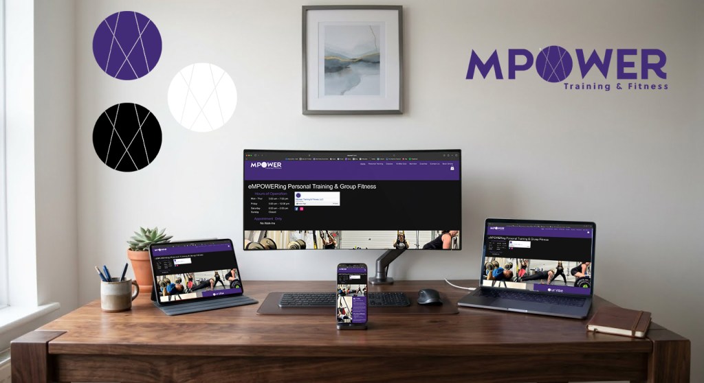 Custom MPOWER Training & Fitness website design for a Woonsocket, Rhode Island fitness business, showcased across desktop, laptop, tablet, and mobile screens by Shuttering Moments Photography.