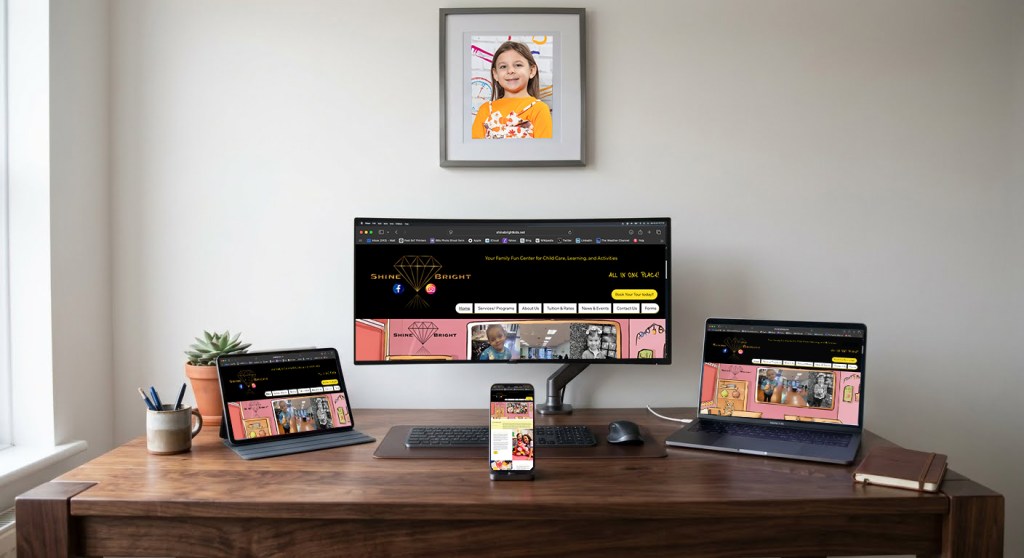 Custom Shine Bright Kids website design for a Cumberland, Rhode Island business, displayed across desktop, laptop, tablet, and mobile screens by Shuttering Moments Photography.